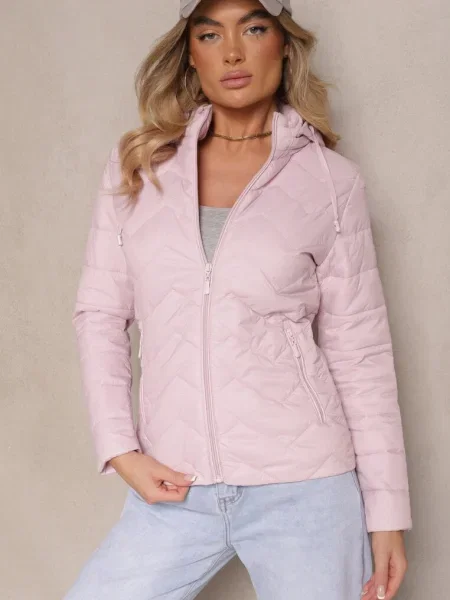 Jasnoróżowa Kurtka Przejściowa z Pikowaniem i Odpinanym Kapturem Leopia różowa