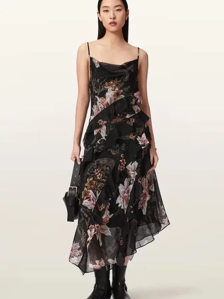 AllSaints rochie asimetrică cu amestec de mătase RUTH negru