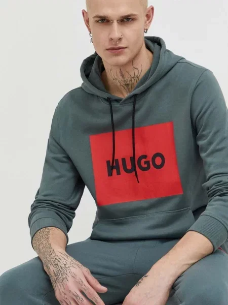 Суичър с качулка Hugo с качулка с принт зелено