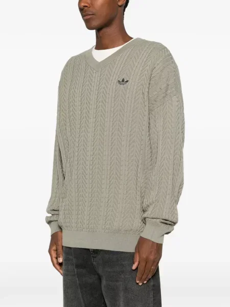 Pulover Adidas cu autograf cu decolteu în V de catifea cord gri