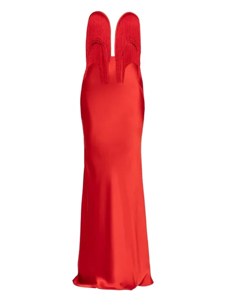 Rochie maxi Nissa cu franjuri din satin de costum roșu