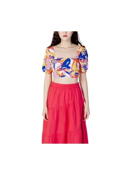 Krótka wielobarwność lniana bluzka Only niebieska