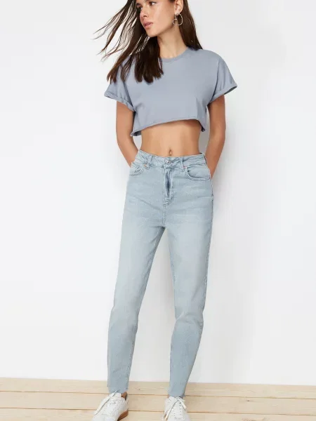 Blugi mom fit Trendyol cu talie înaltă gri