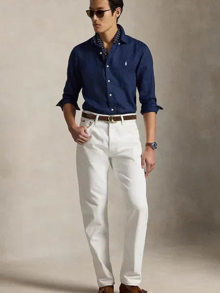 Polo Ralph Lauren Koszule Mężczyzna Niebieski M Len Wąska lniana koszula granatowa