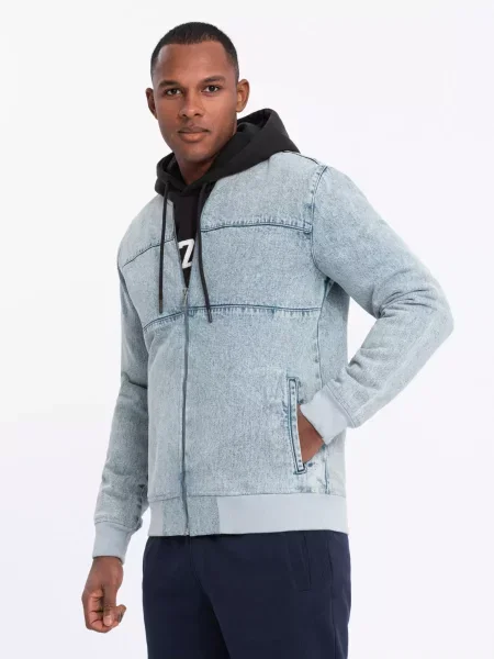 Džínsová bunda Ombre Clothing kamene s kapucňou sivá