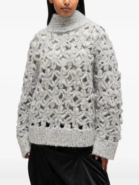 Pulover Ganni din lână alpaca cu model floral gri