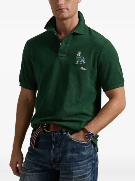 Кожена карирана поло тениска Polo Ralph Lauren бродирана бяло