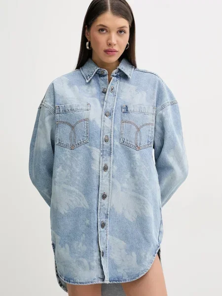 Fiorucci rochie din denim Angel Print Denim Shirt Dress mini dreaptă albastru