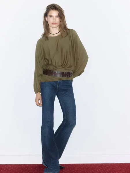 Bluzka marszczona z szerokim paskiem w talii khaki Kobieta XS MANGO