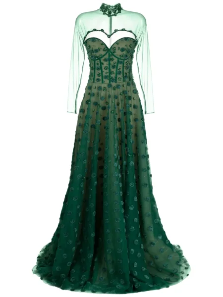 Rochie Saiid Kobeisy cu buline din tul cu mărgele verde