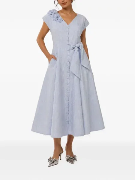 Rochie midi Baruni cu funde cu model floral albastru