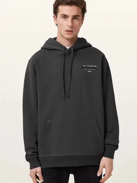 Dukserica AllSaints REDACT s kapuljačom s tiskom crna
