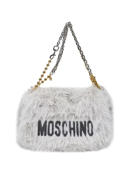 Geantă Moschino cu broderie cu blană alb