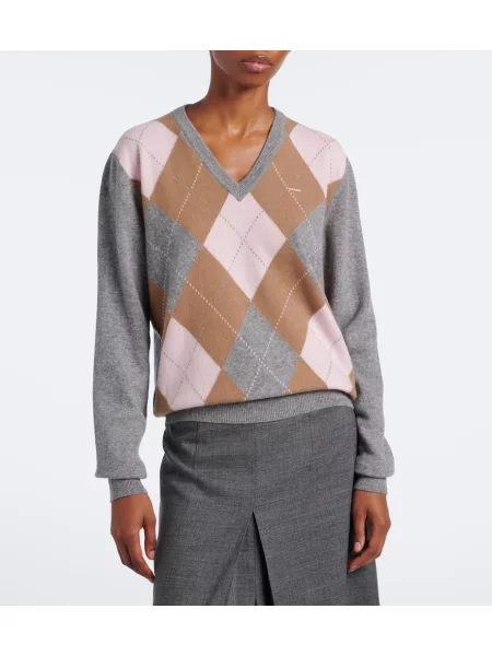 Pulover Prada din cașmir cu model argyle gri