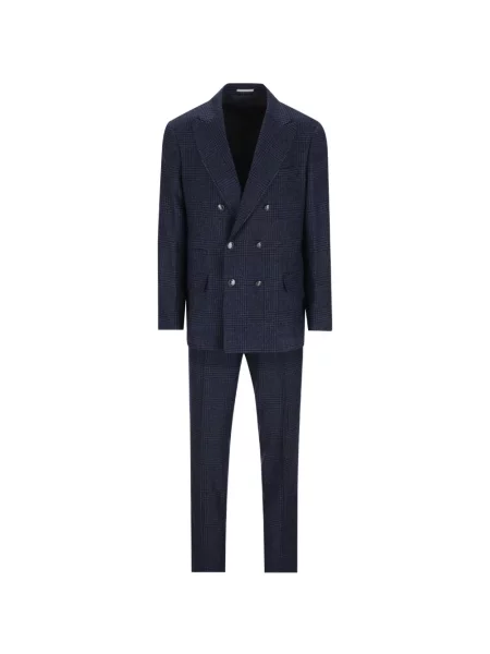Costum Brunello Cucinelli în carouri cu două rânduri de nasturi albastru