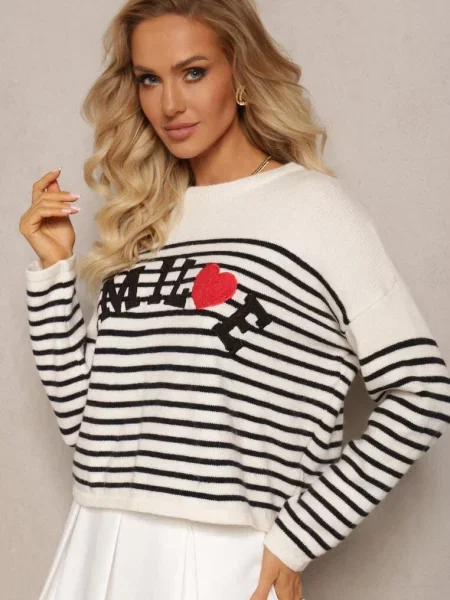 Beżowo-Czarny Sweter z Napisem Smile i Wzorem w Paski Suwaia czarny