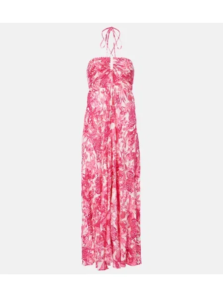 Rochie maxi Poupette St Barth cu imagine cu gât halter de costum roz