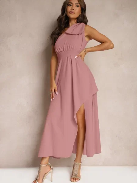 Ciemnoróżowa Sukienka Koktajlowa o Asymetrycznym Kroju na Jedno Ramię Ozdobiona Kokardą Vimorissa różowa