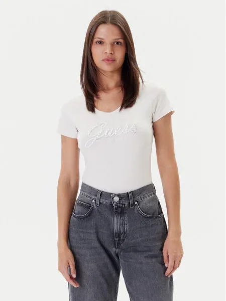 Тениска Guess дамска бежово синьо