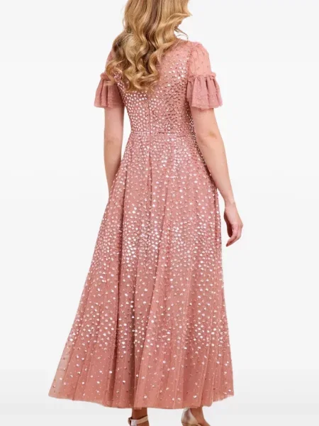 Rochie maxi Needle & Thread cu volane de costum roz
