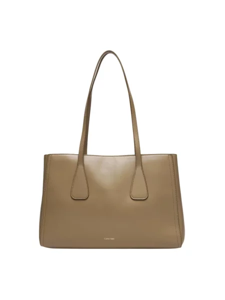 Torba tote z detalem z logo Ck Calvin Klein beżowa