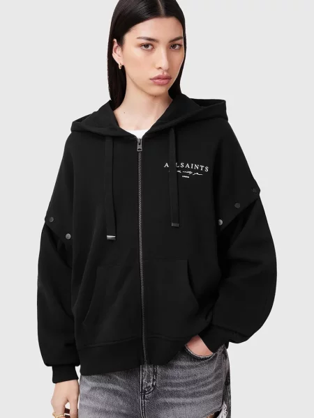 Суичър с качулка Allsaints с качулка с принт черно