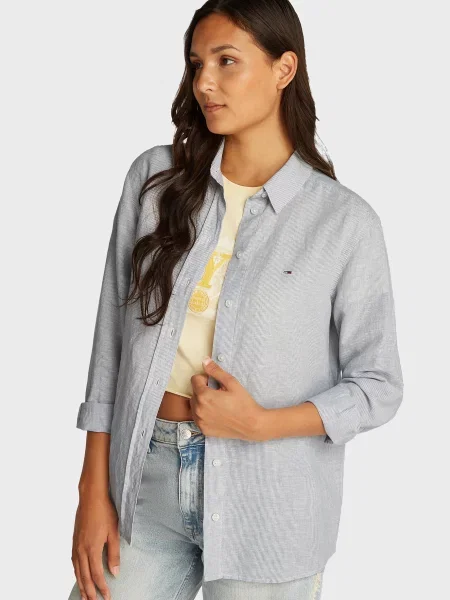 Льняная рубашка Tommy Jeans в полоску голубая