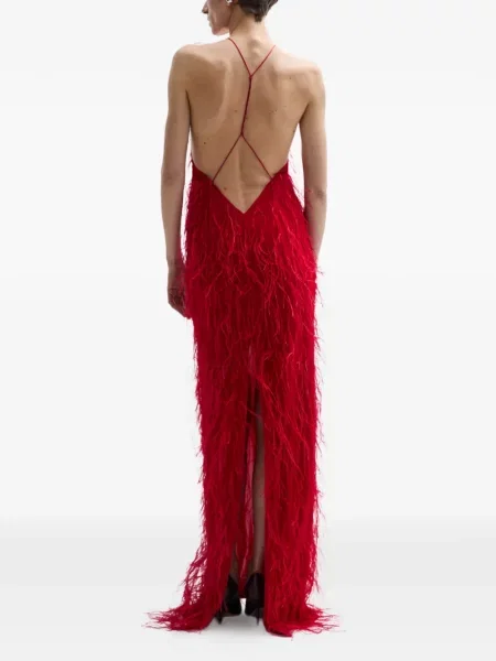 Kostiumas maxi suknele Atu Body Couture su plunksnomis apynasris kaklas raudona