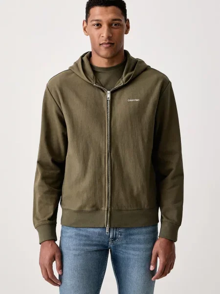 Calvin Klein rozepínací mikina s kapucí s bavlnou zelená