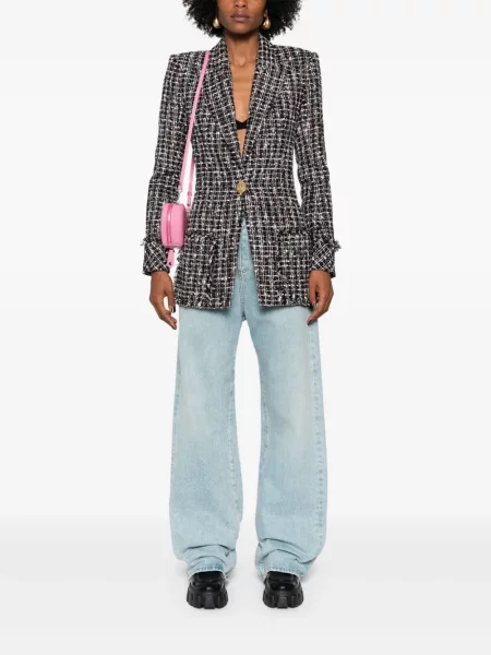 Vienakrūtis striukė Balmain tvido juoda