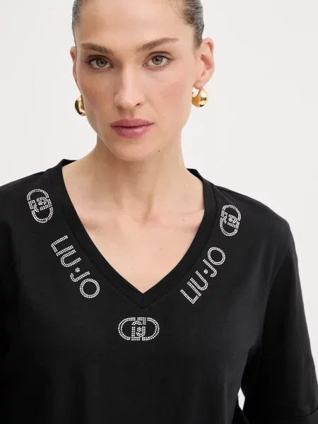 Koszulka Liu Jo z dekoltem w serek z kamieniami czarna