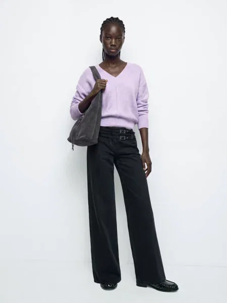 Sweter z dzianiny z dekoltem w serek jasny/pastelowa purpura Teen XXS MANGO TEEN