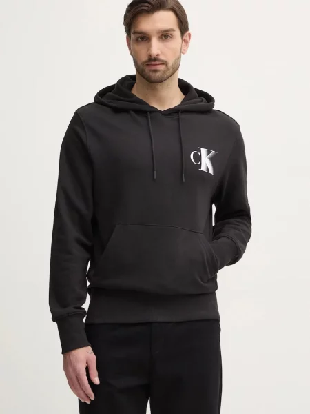Bombažen pulover Calvin Klein Jeans s kapuco črna