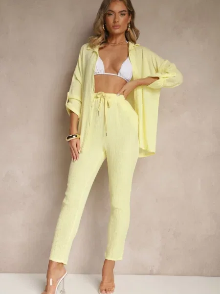 Muślinowy Komplet z Bawełny Spodnie i Koszula z Regulowanymi Rękawami Janalise żółty