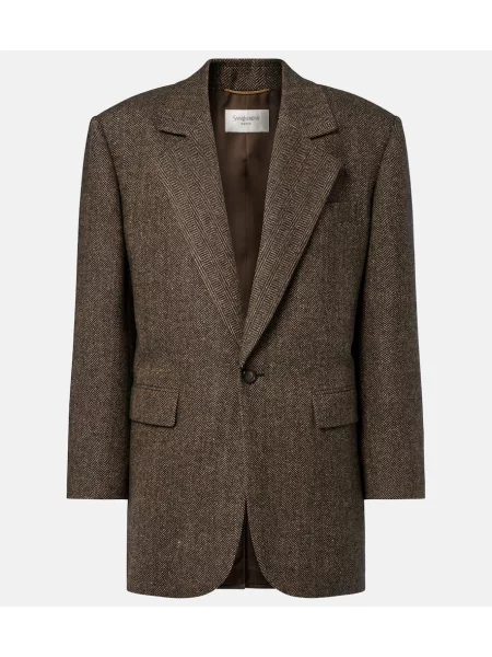 Sacou Saint Laurent de lână cu model herringbone maro