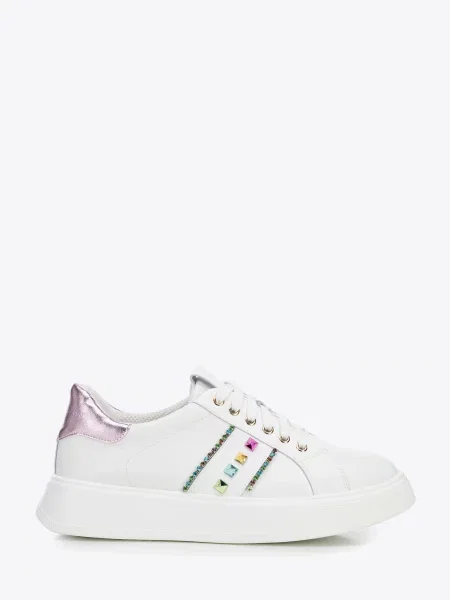 Sneakersy z imitacji skóry z ozdobami biało różowe