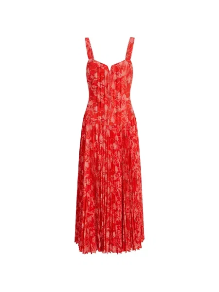 Rochie midi Cinq A Sept cu model floral plisată până la genunchi roșu