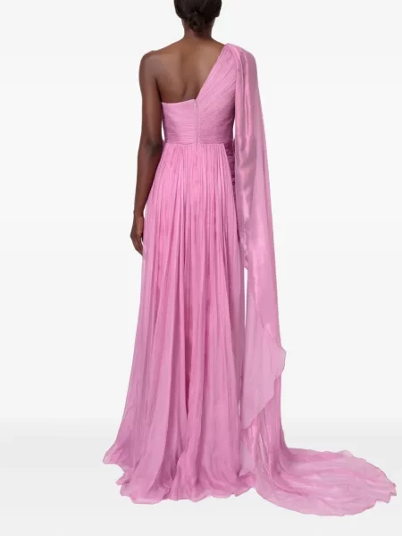 Rochie maxi Iris Serban plisată cu un umăr gol de costum roz