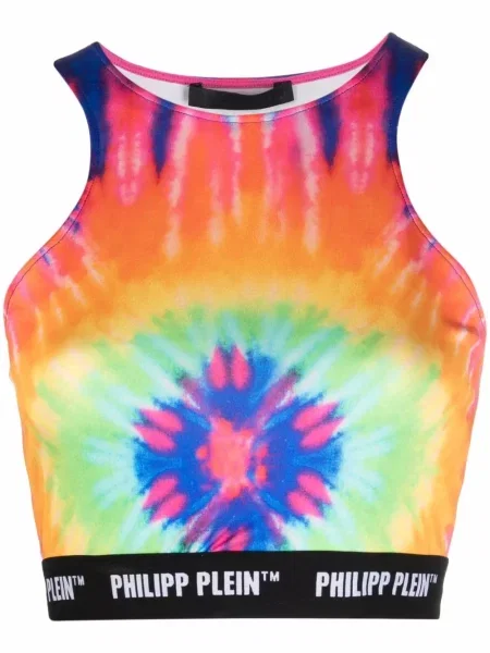 Tie dye top Philipp Plein z nadrukiem o krotszym kroju niebieski
