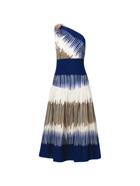 Rochie midi Silvia Tcherassi cu imprimeu abstract cu un umăr gol albastru