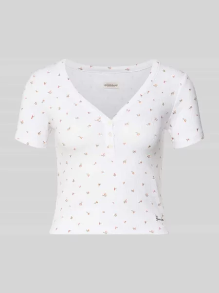 T-shirt o kroju krótkim z dekoltem w serek i listwą guzikową Guess Jeans biała
