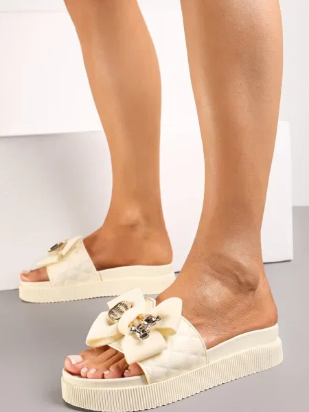 Șlapi cu Talpă Groasă și Matlasare cu Fundă și Ornament Strălucitor Taleci bej