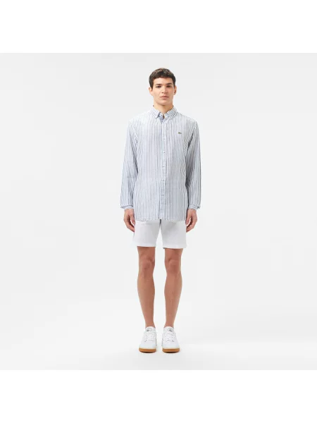 Lacoste Lniana Koszula W Paski Regular Fit Ciemnoniebieska niebieski