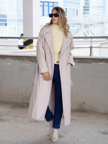 Тренч ISSA Plus штучна шкіра бежевий