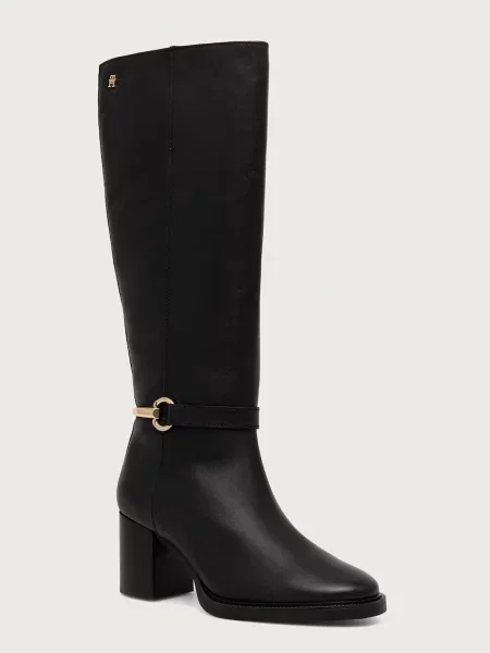 Tommy Hilfiger cizme cu pentru femei din piele TH STUD HEEL RIDING KNEE BOOT negru