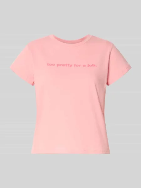 T-shirt z nadrukiem z napisem i okrągłym dekoltem Review różowa