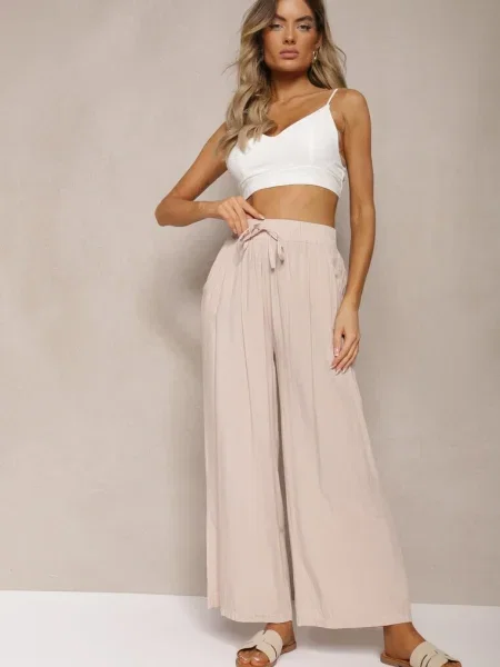 Szerokie Spodnie Kuloty High Waist z Gumką w Talii Evitaes beżowe