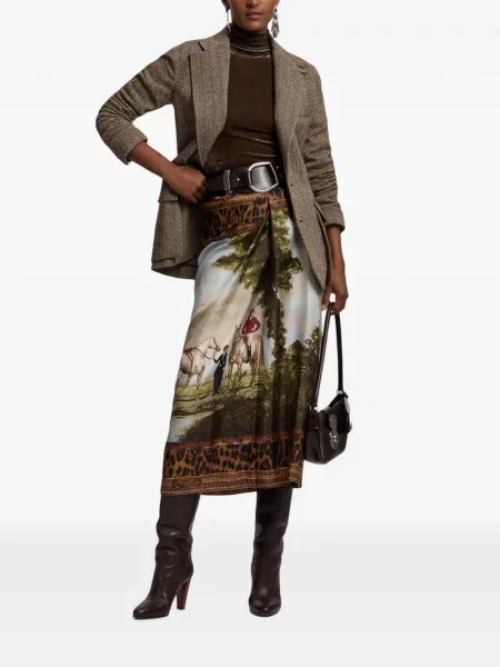 Fustă midi Ralph Lauren Collection de mătase cu imagine maro