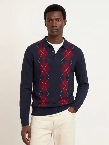 Tommy Hilfiger Pletená Polokošile tmavě modrá / tmavě červená bílá