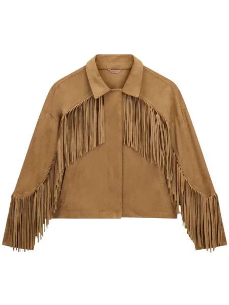 Kabát Guess s kulatým výstřihem s třásněmi béžový